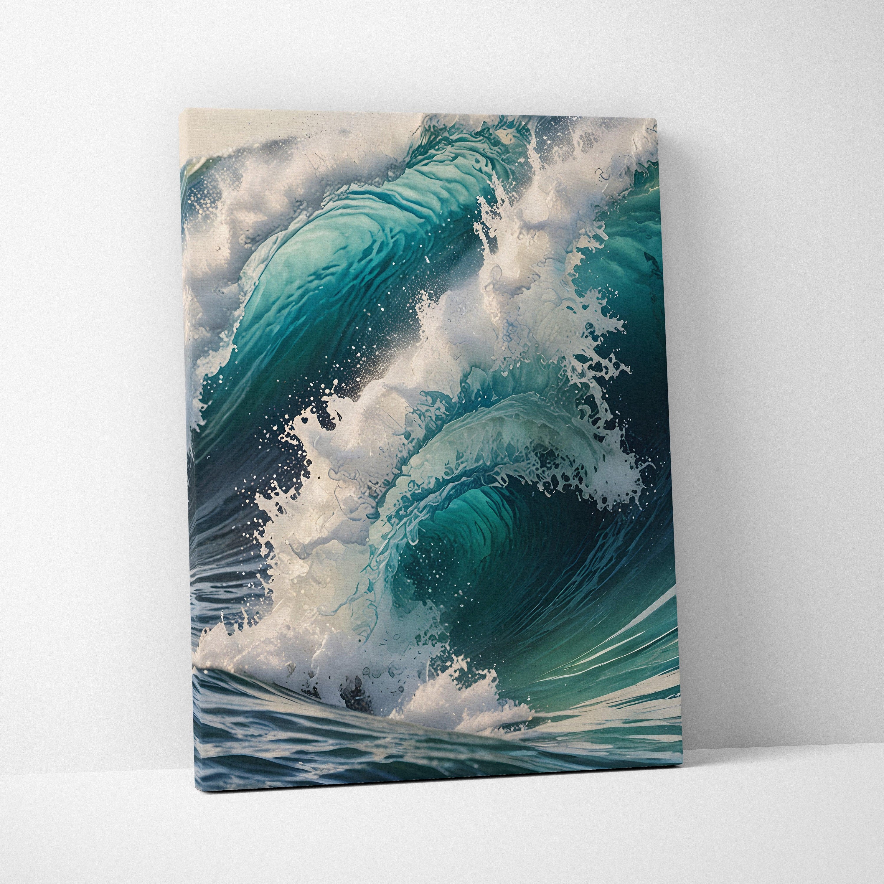Vertical canvas wall art featuring a watercolor-style ocean wave crashing with white foam.