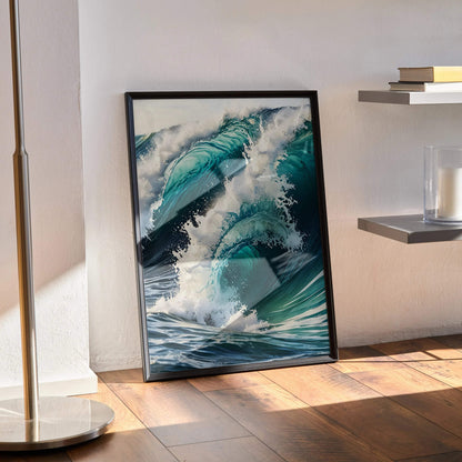Serene ocean waves watercolor style vertical art poster with deep blue and teal tones in black frame leaning on floor.