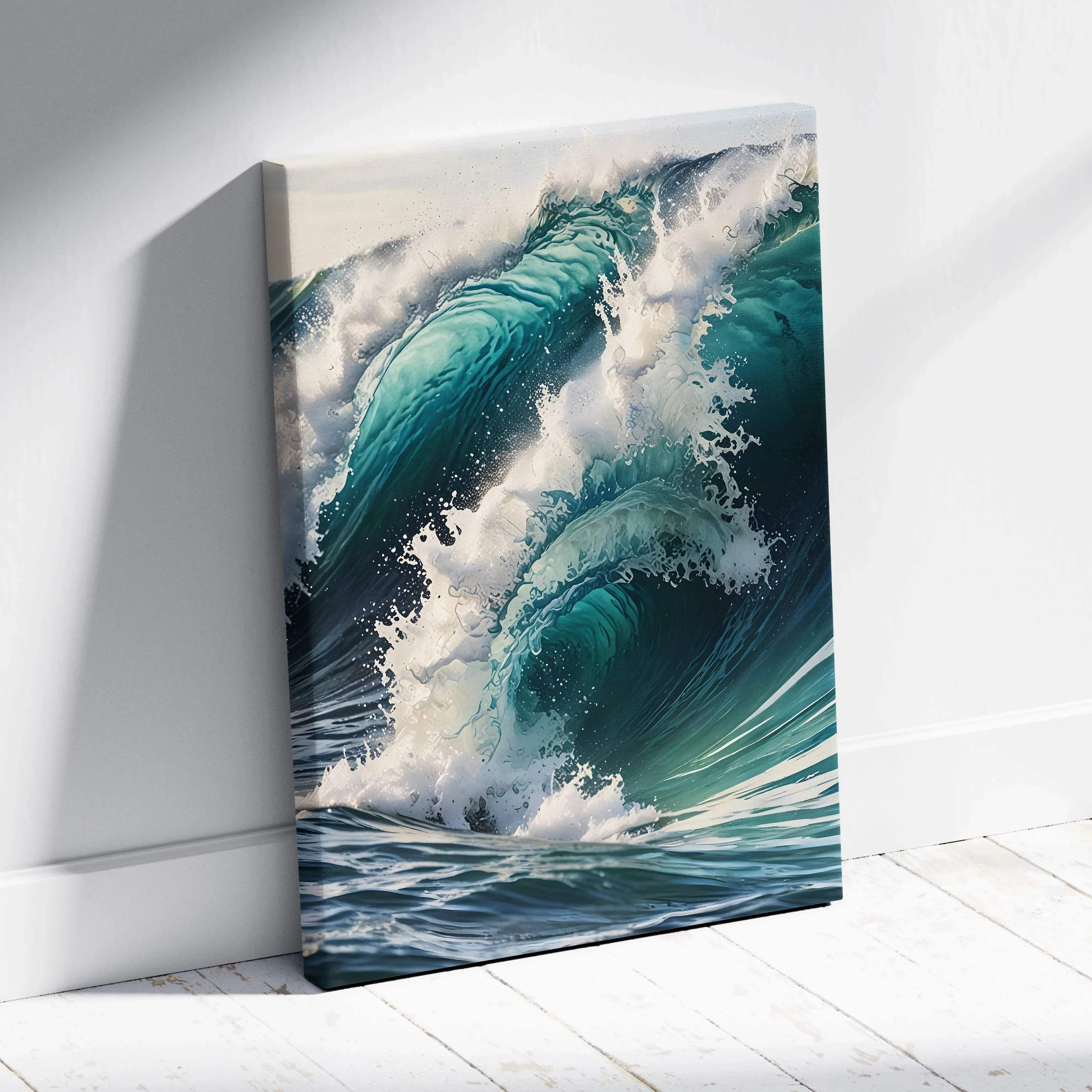 Calm ocean wave canvas wall art featuring vibrant turquoise and white seascape with mighty crest foam details