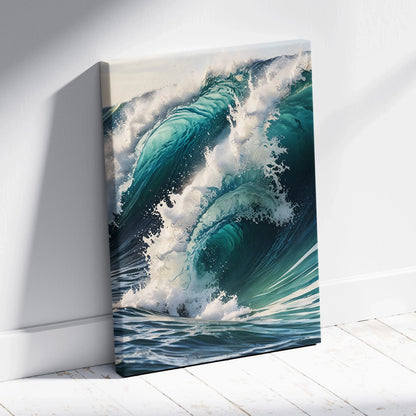 Vertical canvas wall art featuring a vibrant watercolor ocean wave seascape print.