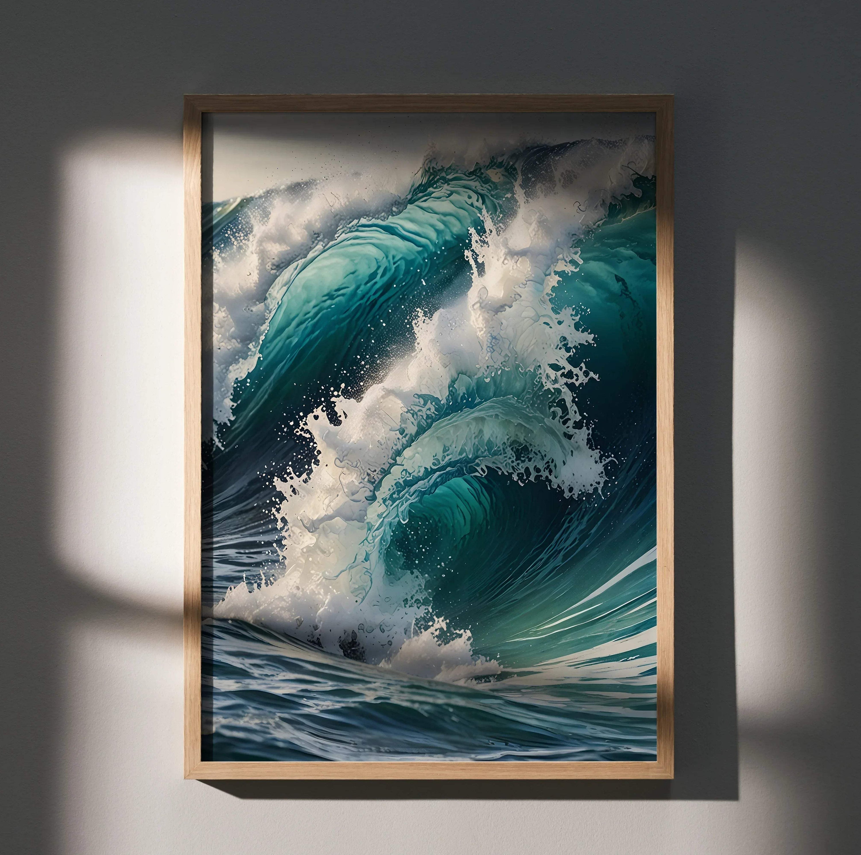 Vertical ocean waves watercolor art poster in blue and teal tones with white foam, framed wall art.
