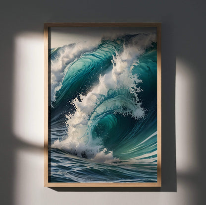 Vertical ocean waves watercolor art poster in blue and teal tones with white foam, framed wall art.