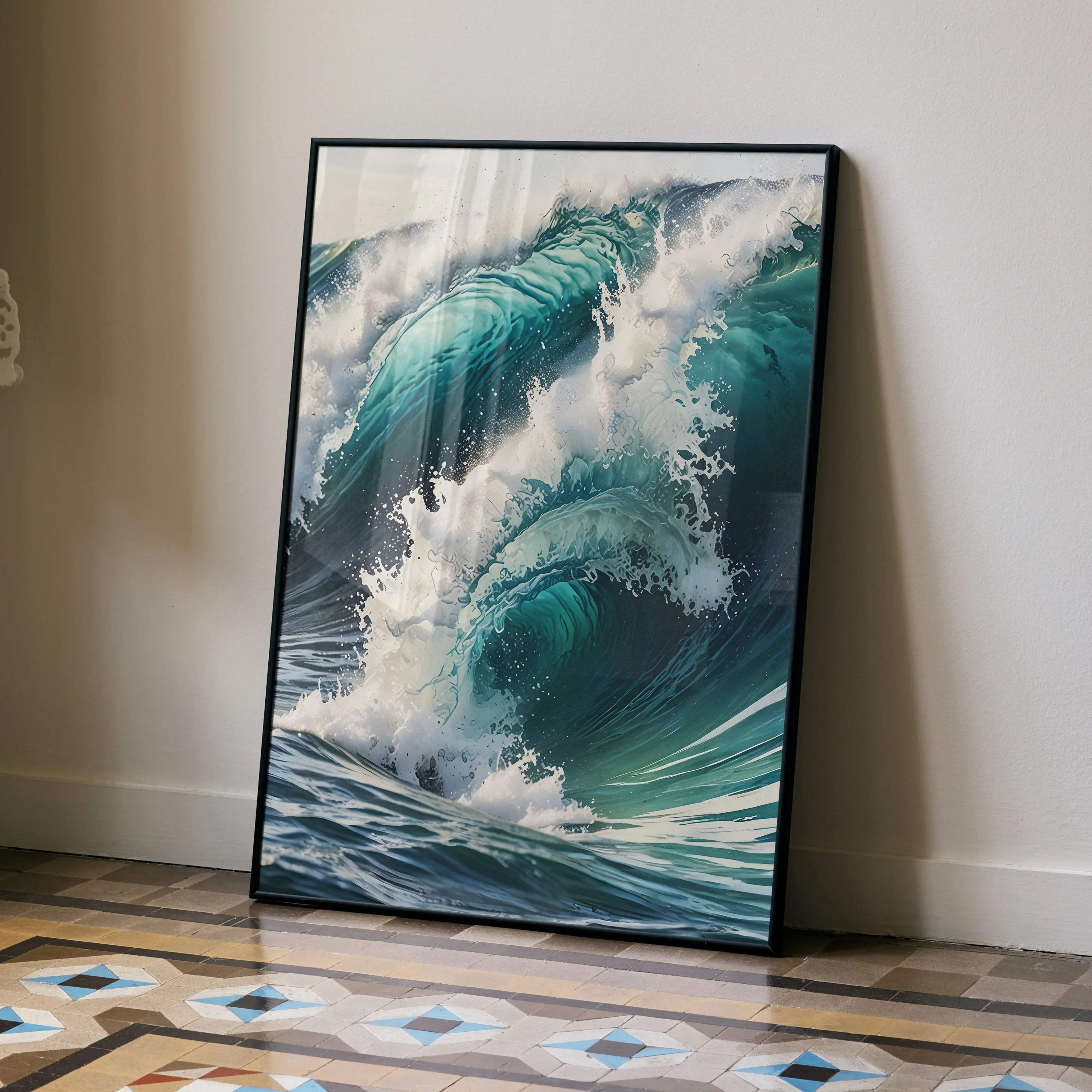 Serene ocean watercolor style art print poster featuring a framed turquoise wave with white foam in a black frame