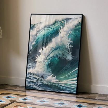 Vertical watercolor ocean wave poster with dynamic teal and white splashes, wall art.