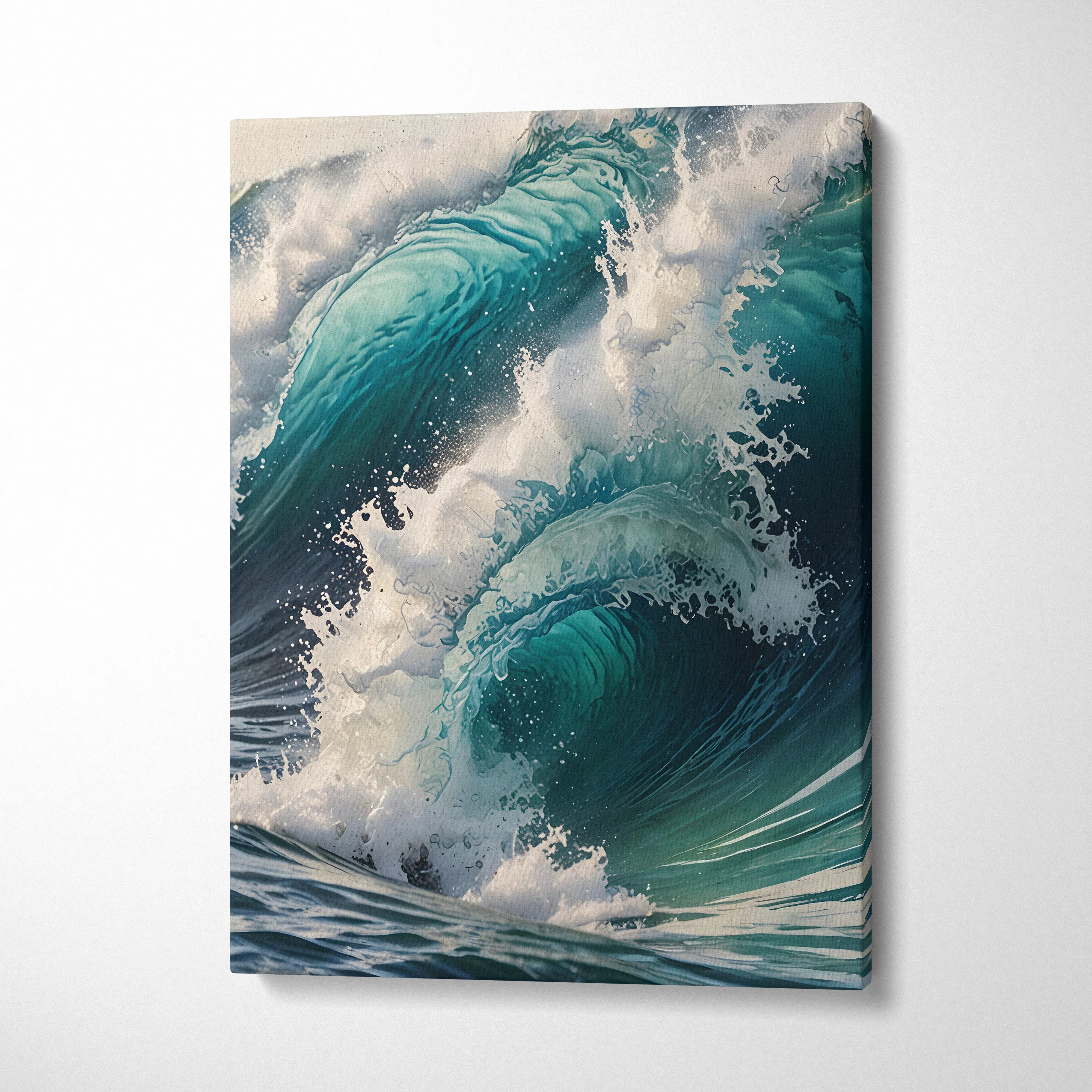 Vertical canvas wall art of a turbulent ocean wave in watercolor style with foamy white spray and deep blue-green hues.