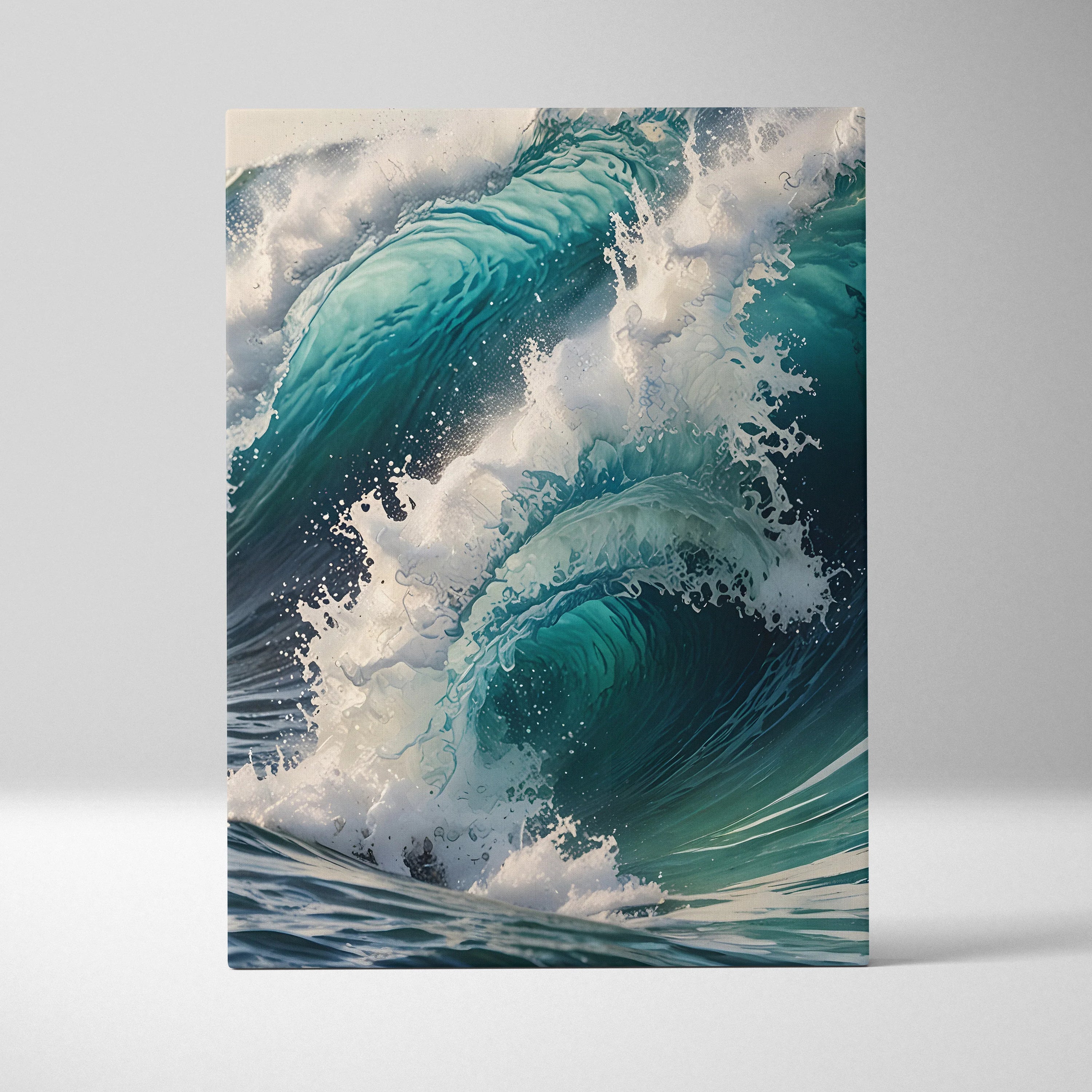 Canvas wall art featuring a dynamic watercolor ocean wave crashing with white foam.