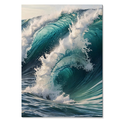 Vertical poster wall art featuring dynamic ocean waves in calming blue and white watercolor style.
