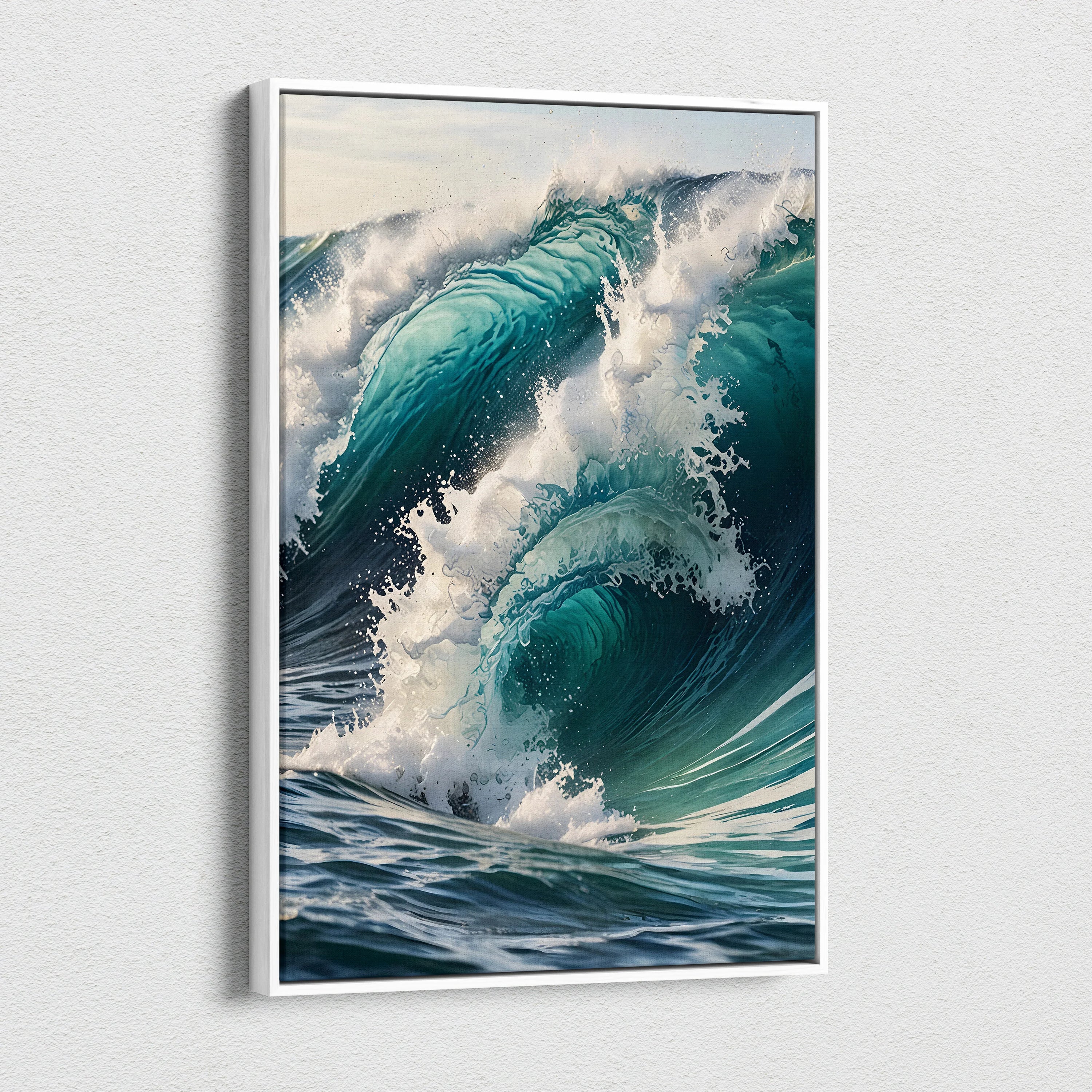 Vertical canvas wall art featuring a detailed watercolor digital painting of ocean waves crashing.