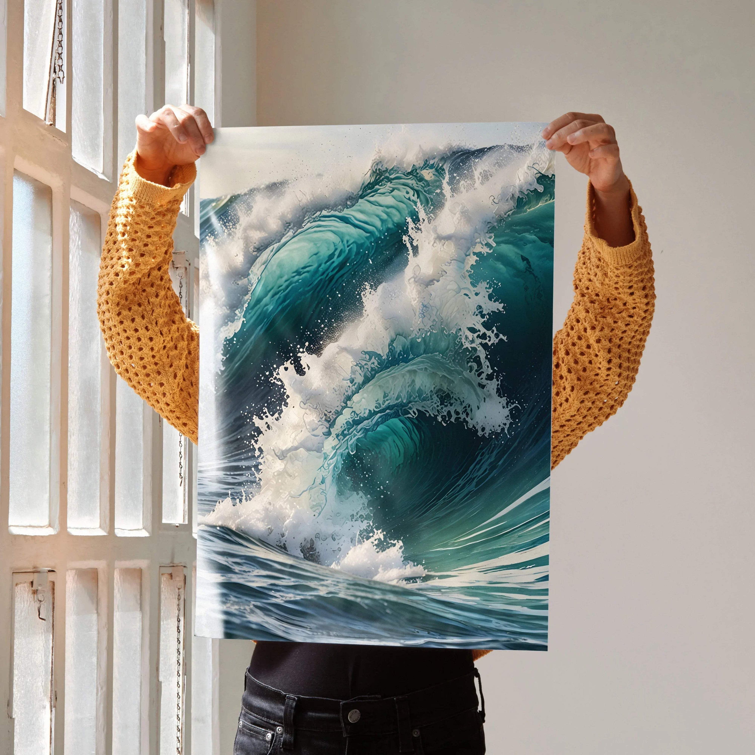 Vertical poster of ocean waves in blue and turquoise watercolor style wall art.