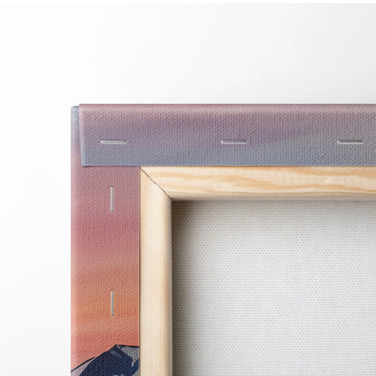 Close-up of wooden frame corner on watercolor sunset mountains canvas wall art with visible staples.