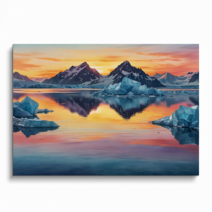 Vibrant watercolor sunset mountains poster with reflective lake and icy blue glaciers wall art.