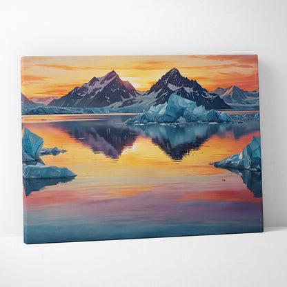 Vibrant watercolor canvas wall art of sunset over snow-capped mountains reflected in calm lake.