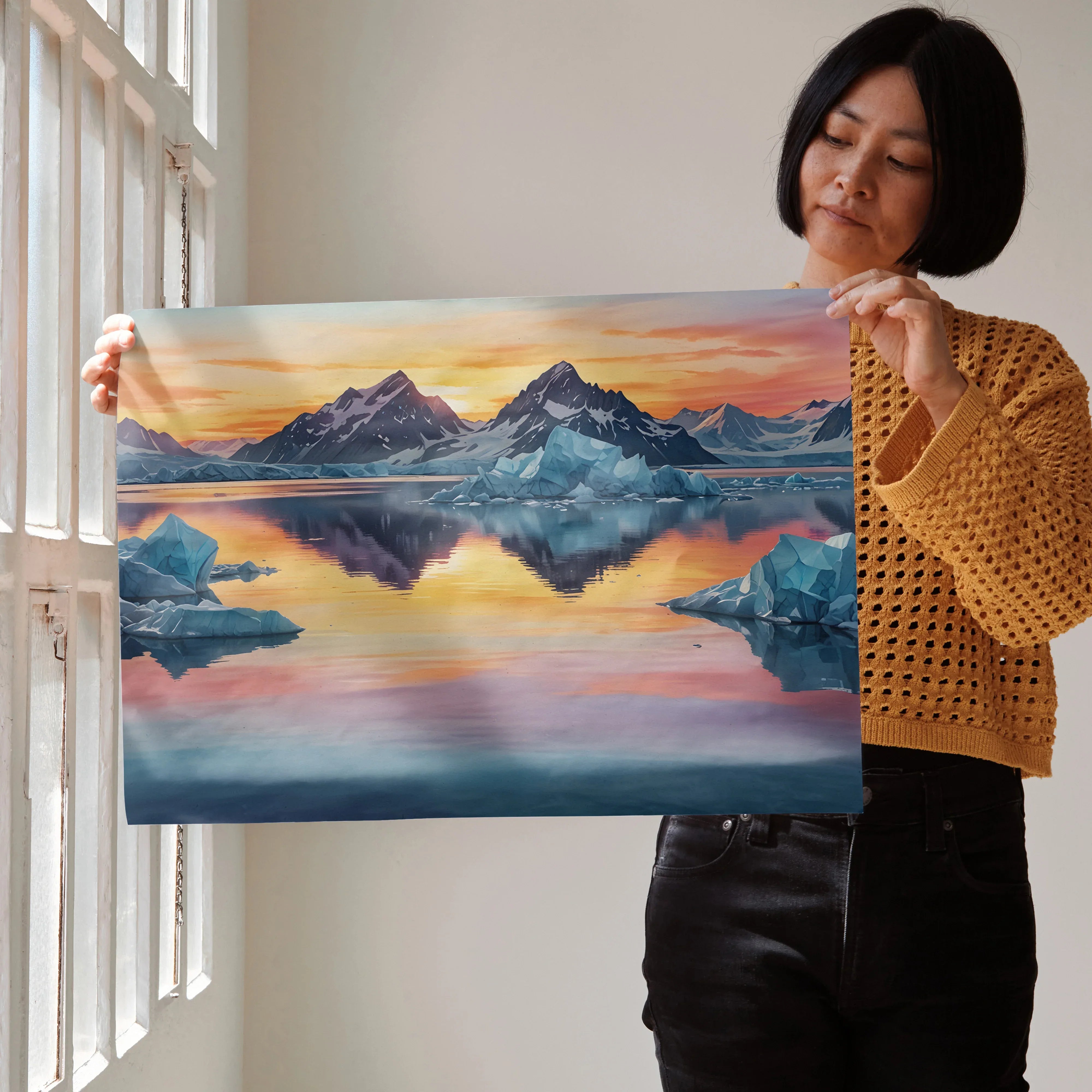 Vibrant watercolor sunset mountains poster with colorful sky and reflective lake wall art.