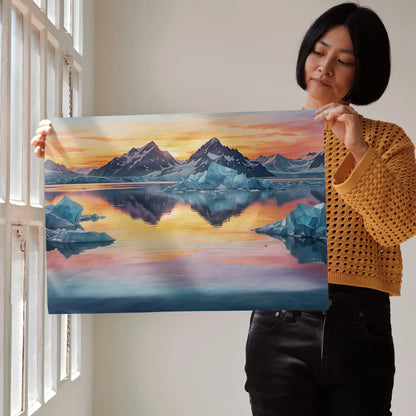 Vibrant watercolor sunset mountains poster with colorful sky and reflective lake wall art.