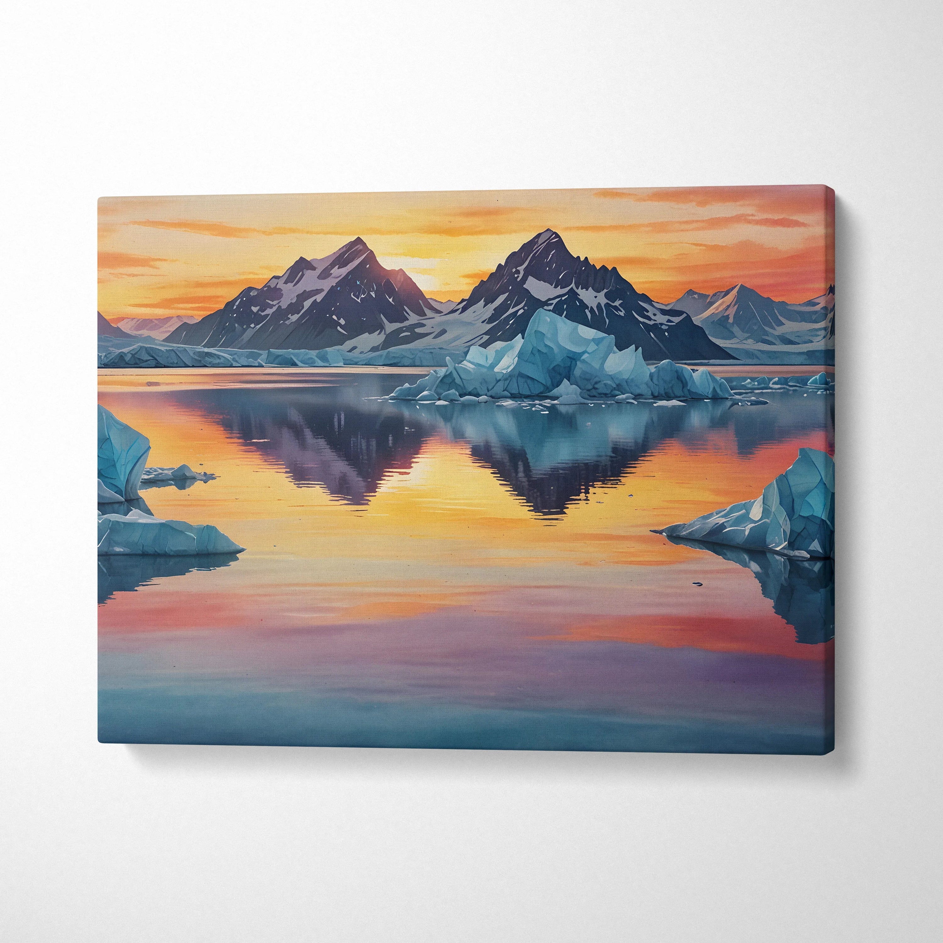 Watercolor canvas wall art depicting vibrant mountains and sunset over calm reflective water.