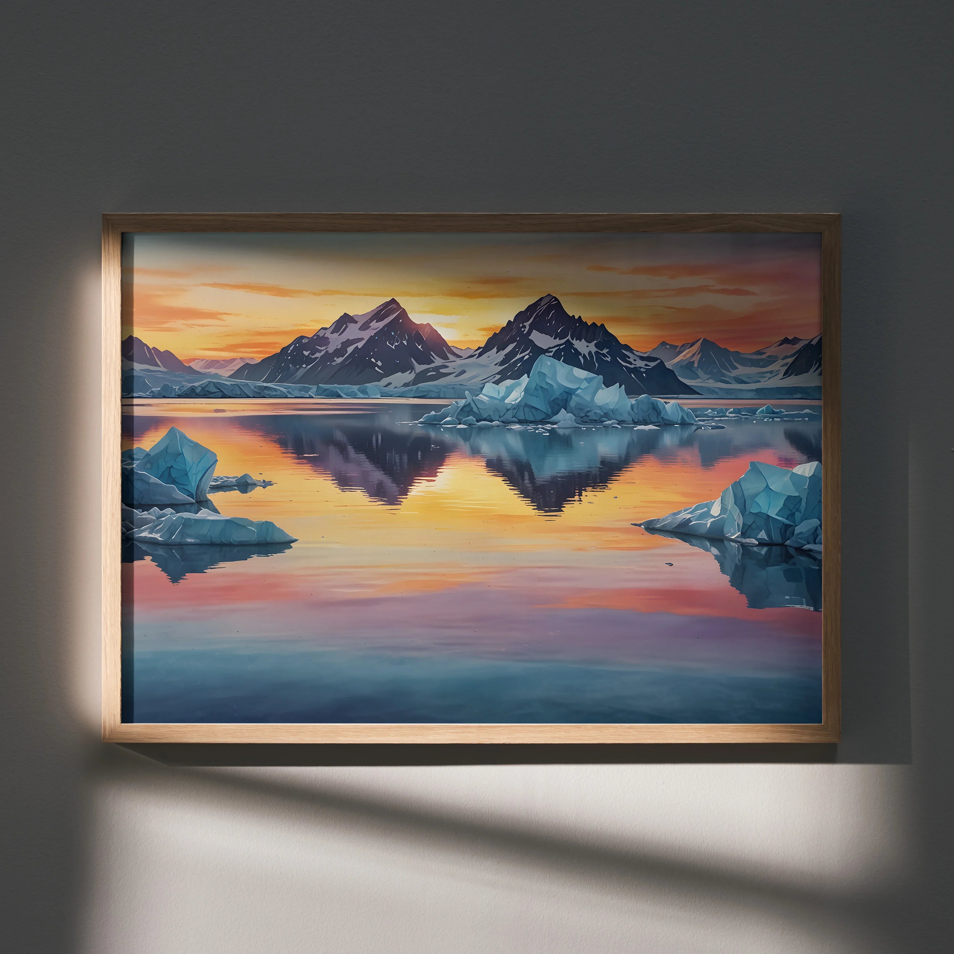 Vibrant watercolor poster of mountain peaks and icebergs reflecting in calm water at sunset wall art.