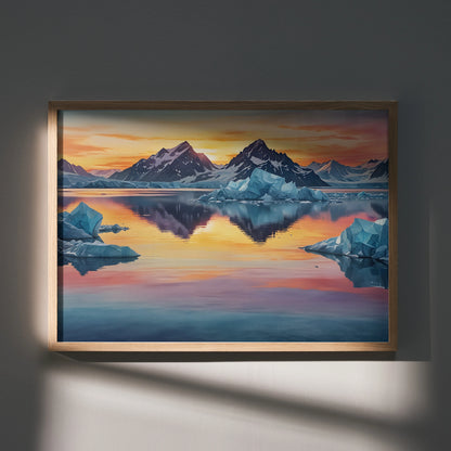 Vibrant watercolor poster of mountain peaks and icebergs reflecting in calm water at sunset wall art.