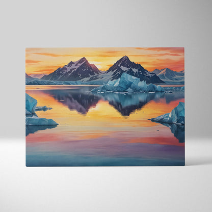 Canvas wall art featuring vibrant watercolor mountains at sunset with orange and blue reflections.