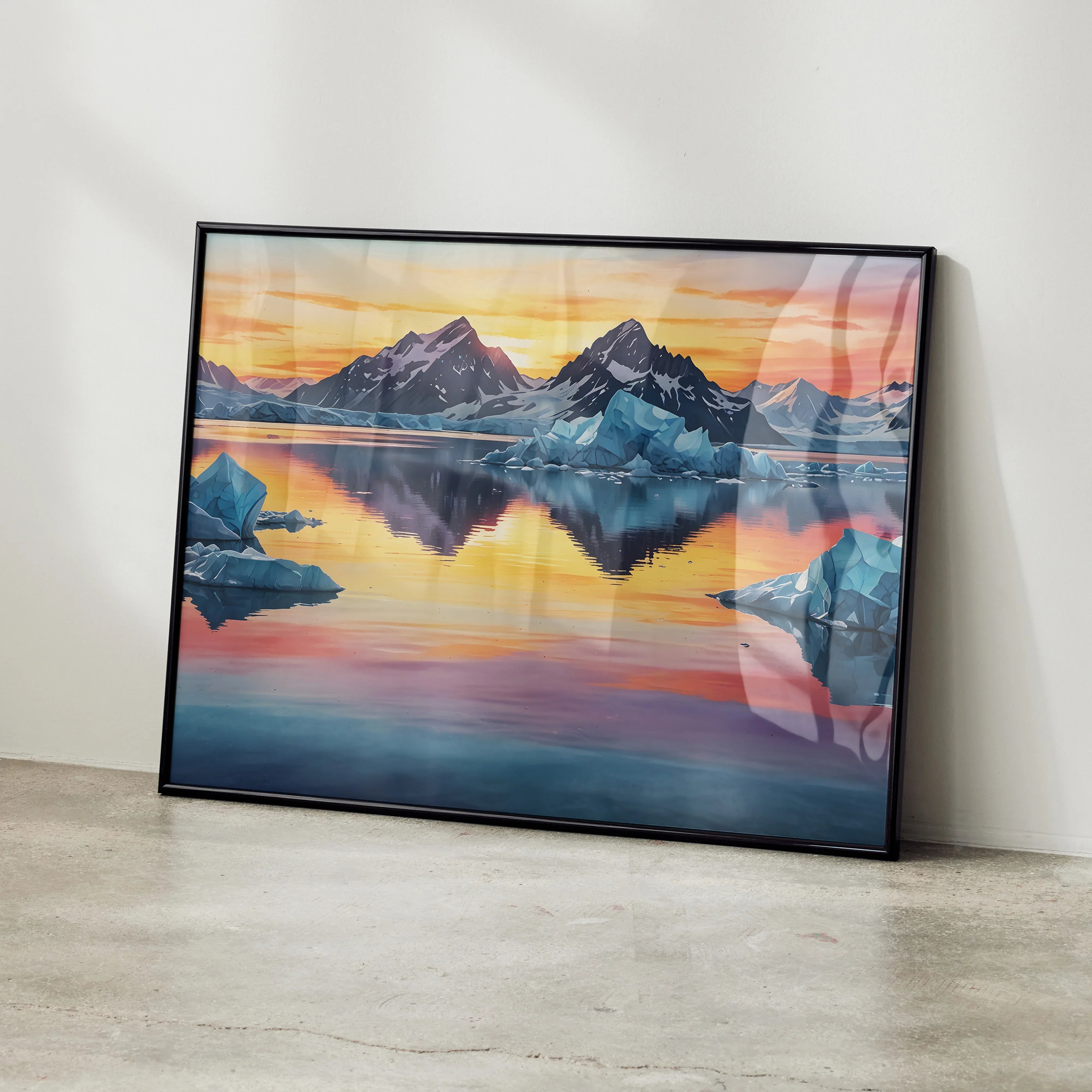 Vibrant watercolor sunset mountains poster with colorful sky reflection, modern wall art.