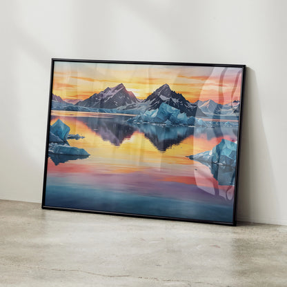 Vibrant watercolor sunset mountains poster with colorful sky reflection, modern wall art.
