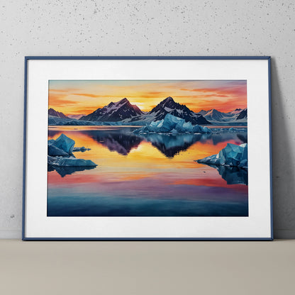 Colorful watercolor poster of mountain peaks and icebergs reflecting on a sunset lake wall art.
