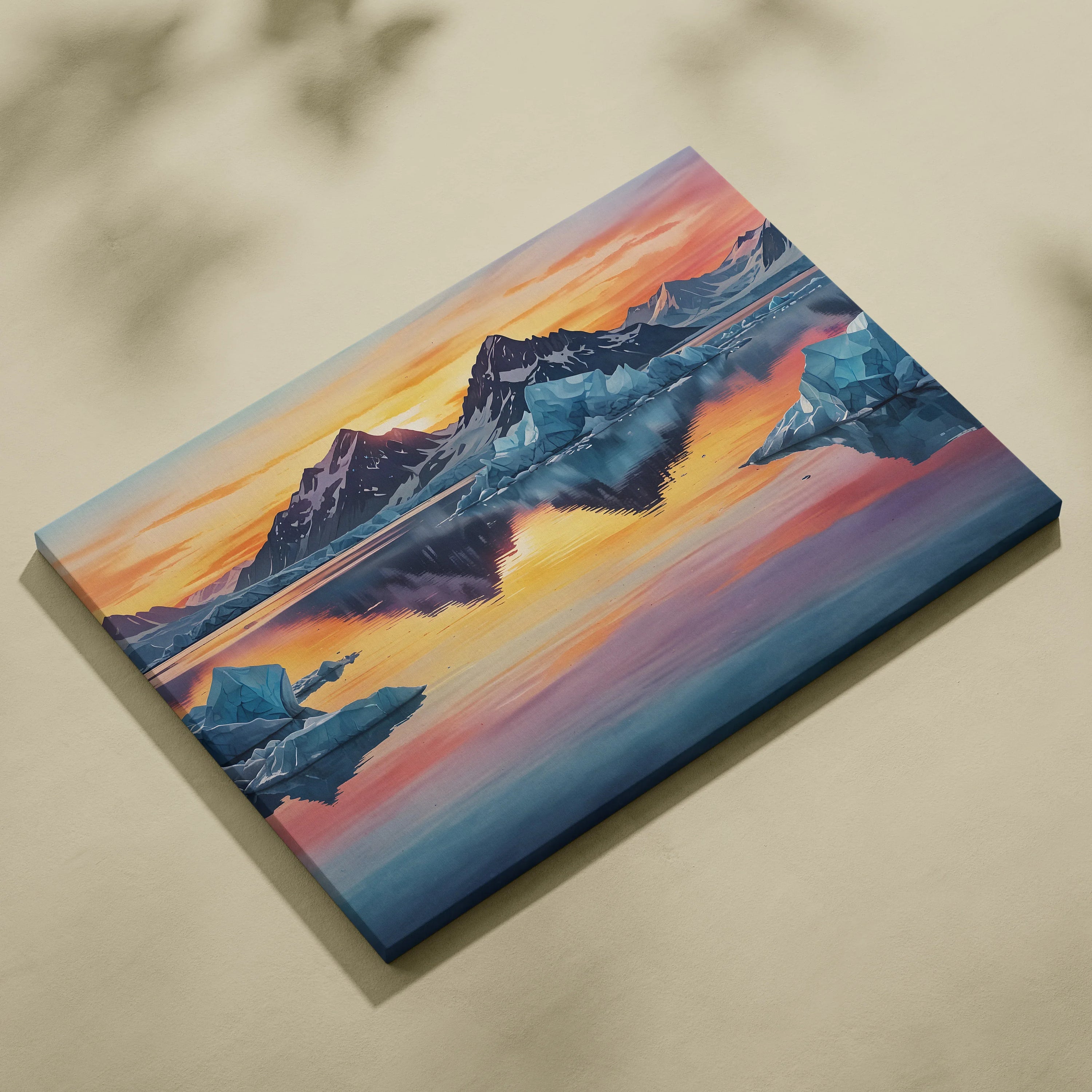 Vibrant watercolor canvas wall art featuring a colorful mountain sunset with reflective water and warm tones.