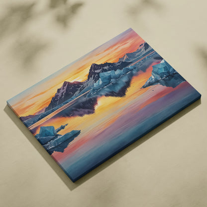 Vibrant watercolor canvas wall art featuring a colorful mountain sunset with reflective water and warm tones.