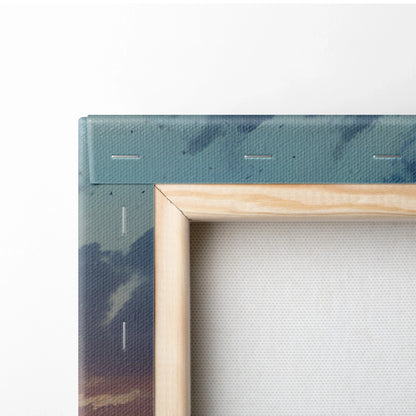 Close-up of wooden frame and corner of canvas wall art with subtle blue and green watercolor nature design.