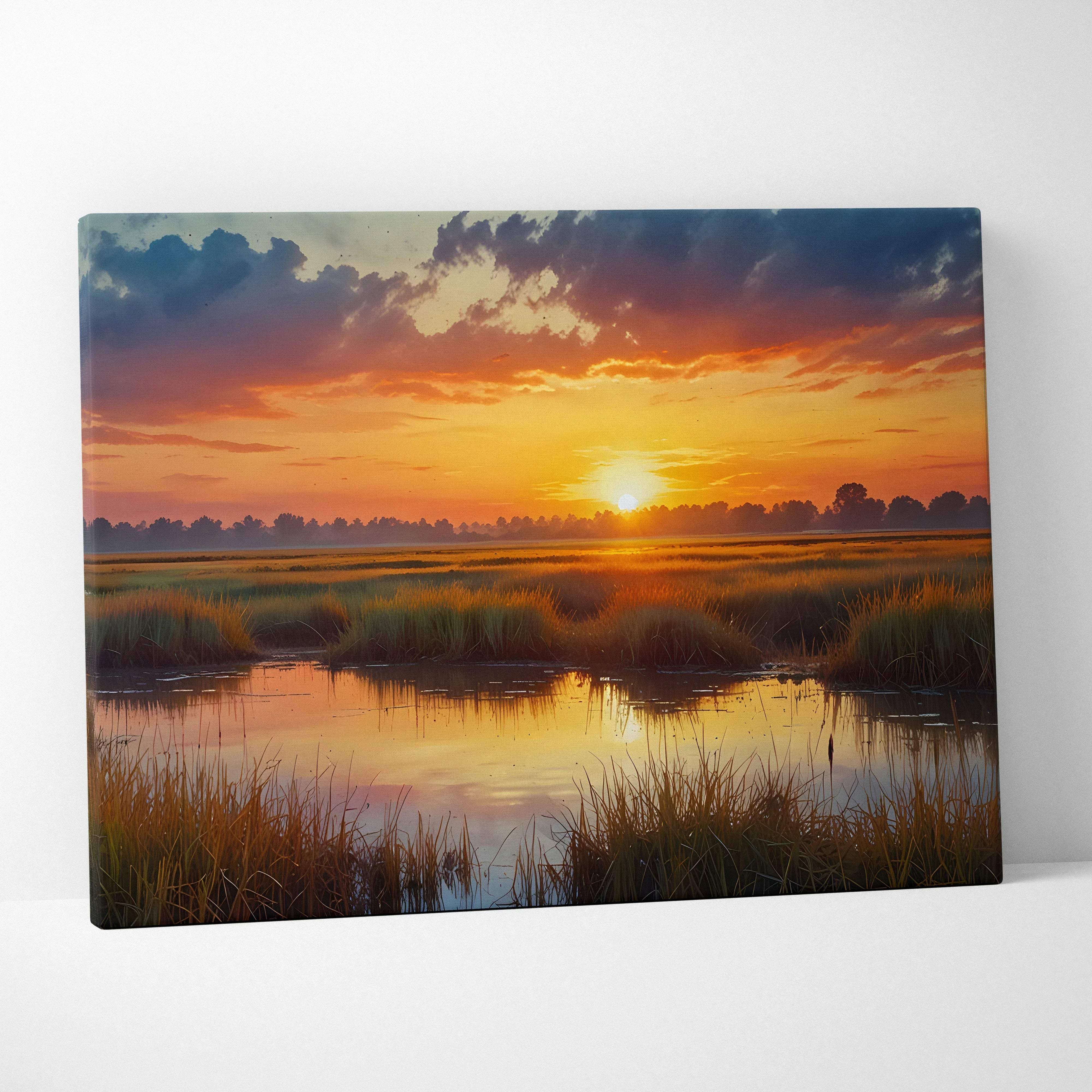 Rectangular canvas wall art featuring a vibrant sunset over marshland with warm orange and golden hues for living room decor