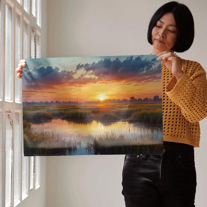Vibrant watercolor sunset poster with reflective marshland, colorful sky, and soft clouds wall art.