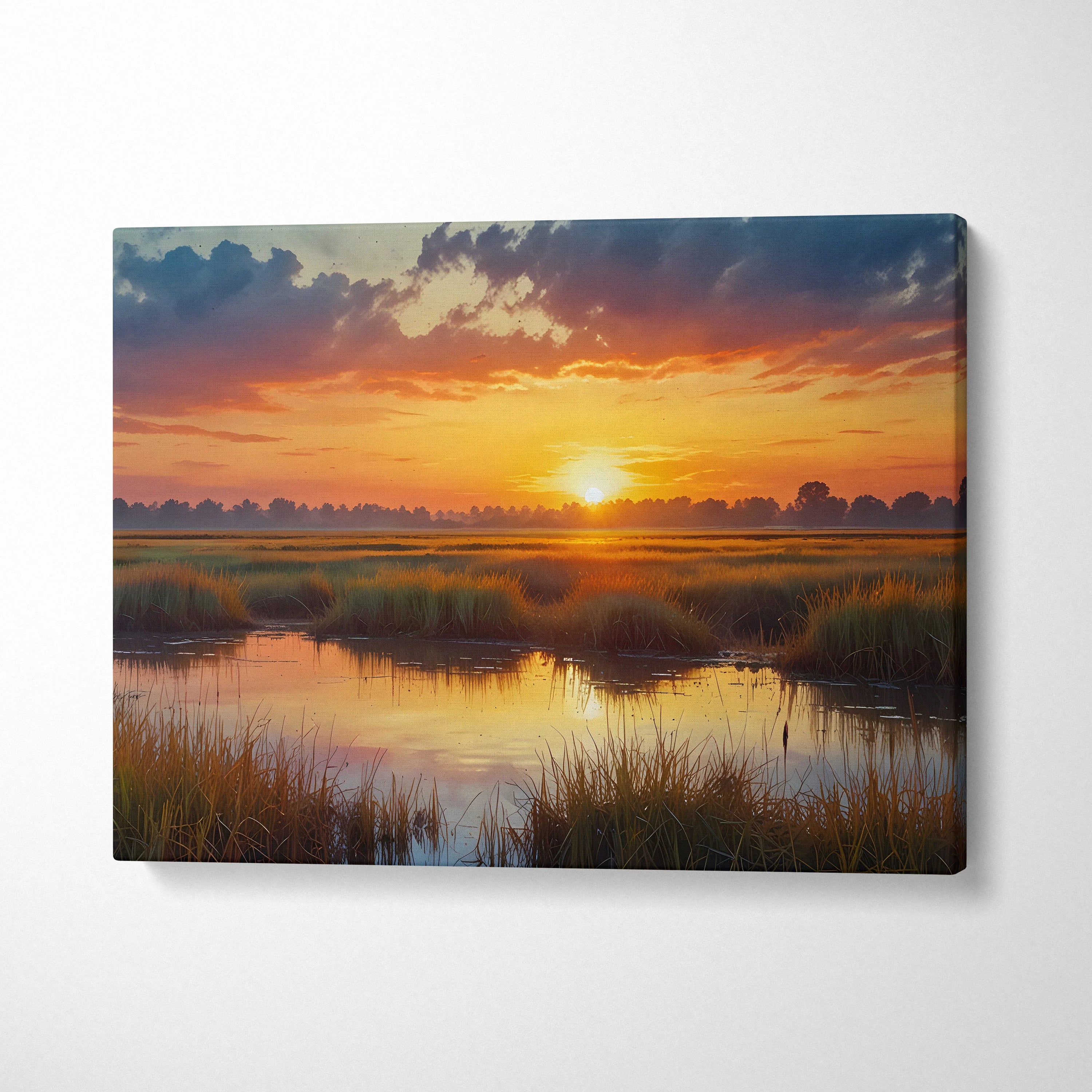 Sunset watercolor nature scene on canvas with warm orange sky reflected in water, wall art print.