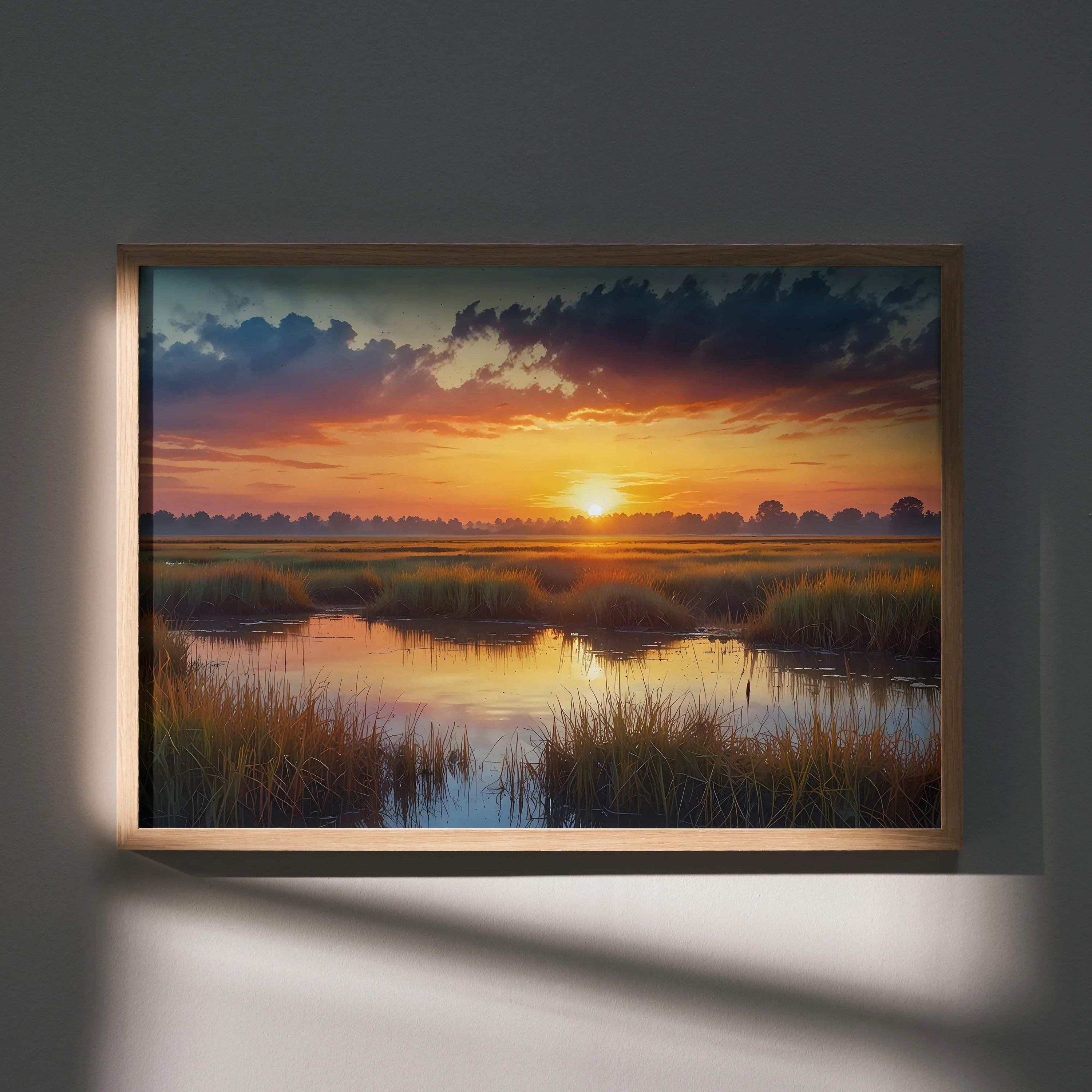 Vibrant watercolor sunset poster with reflective marshland and dramatic clouds wall art.