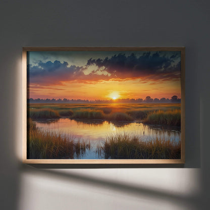 Vibrant watercolor sunset poster with reflective marshland and dramatic clouds wall art.