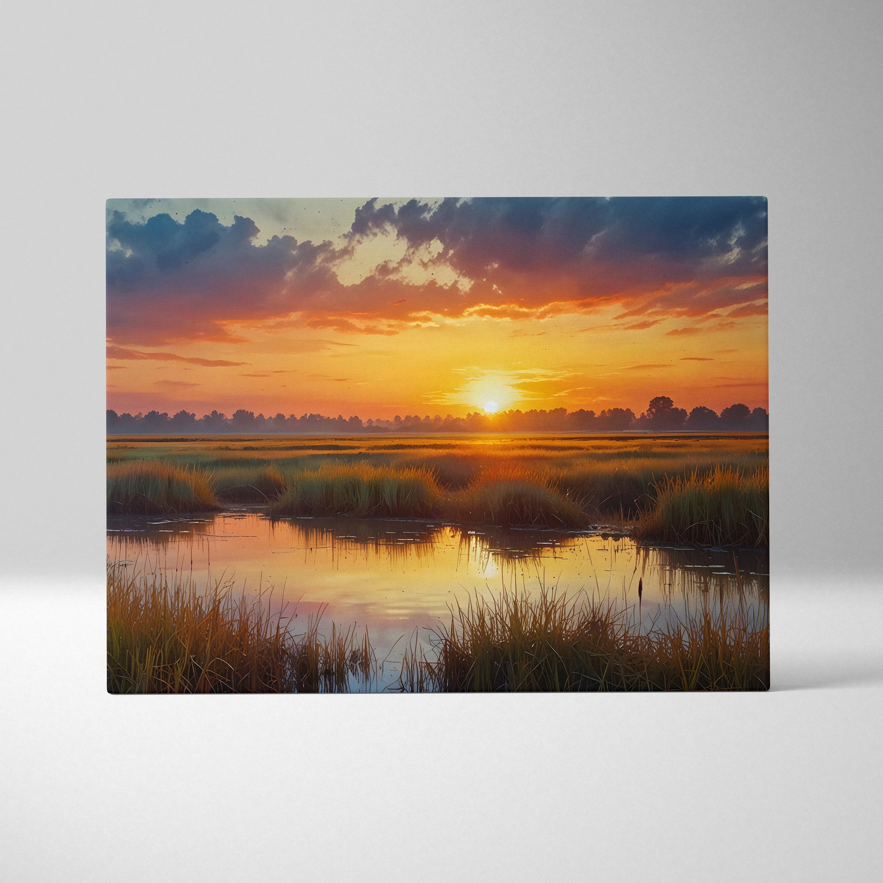 Serene sunset watercolor nature landscape canvas wall art with reflective water and grassy foreground.