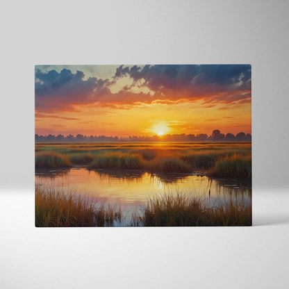 Serene sunset watercolor nature landscape canvas wall art with reflective water and grassy foreground.