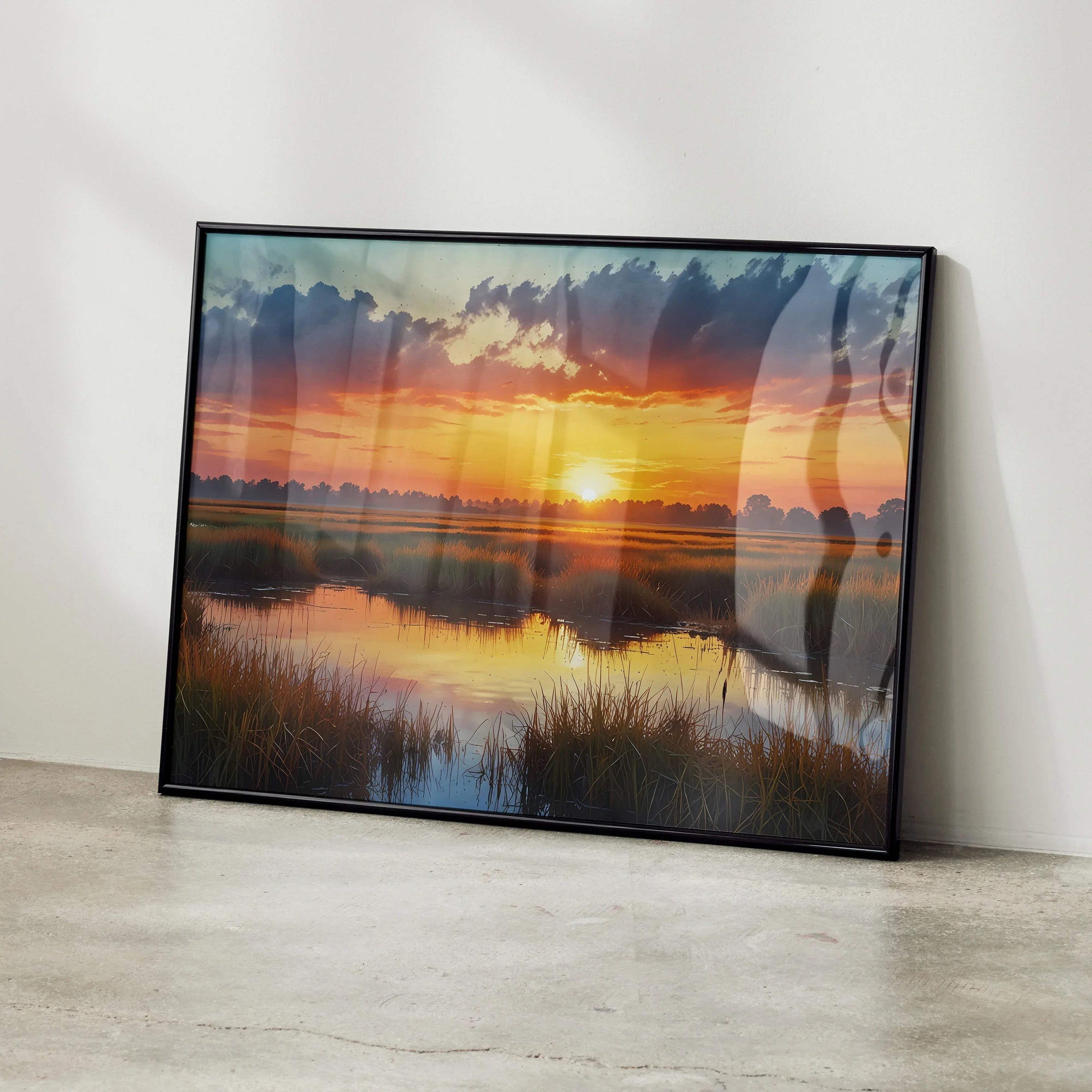 Vibrant watercolor sunset poster with rich orange, pink, and blue sky reflected on calm water, framed wall art.