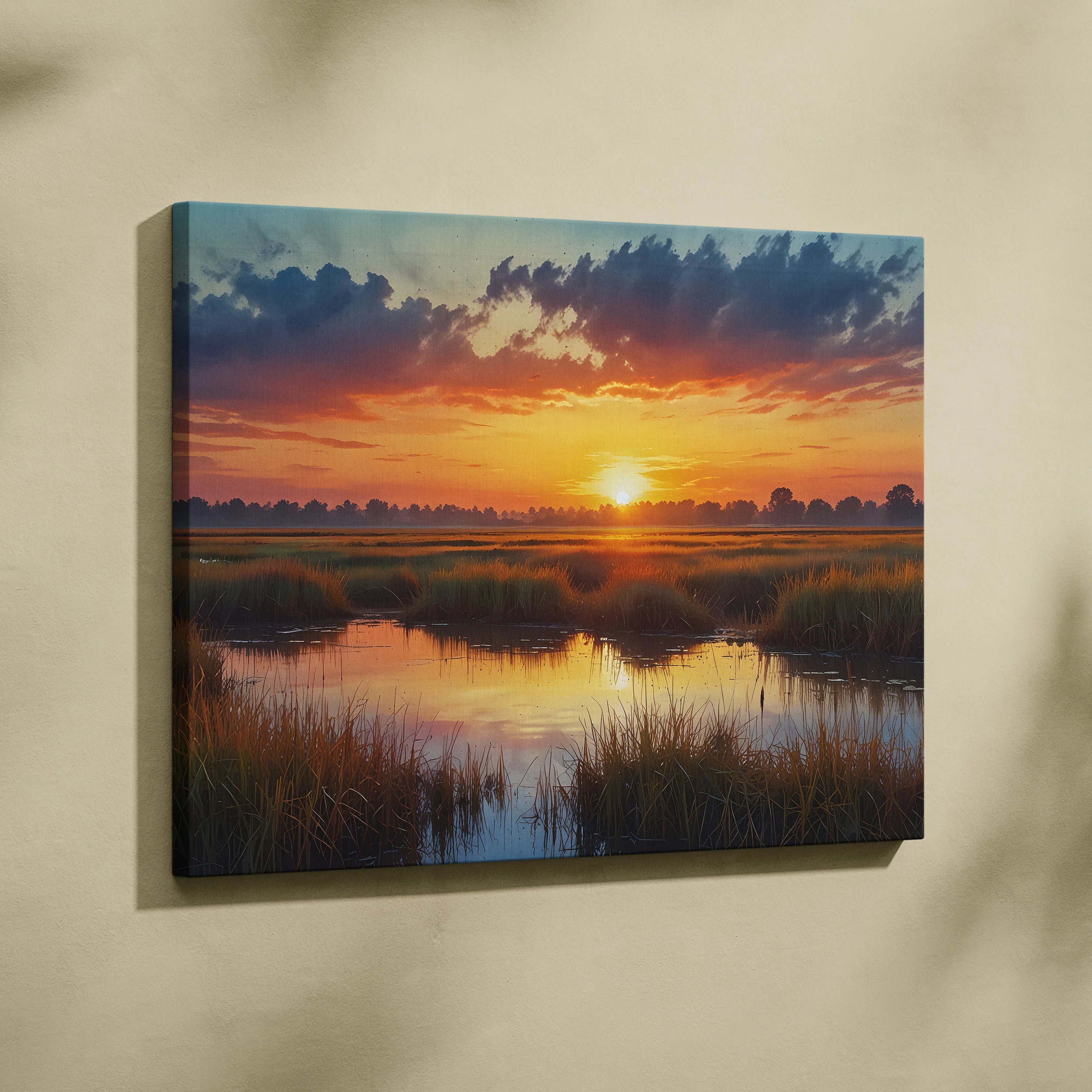 Canvas wall art depicting a serene sunset over marshland with colorful sky reflections on water.