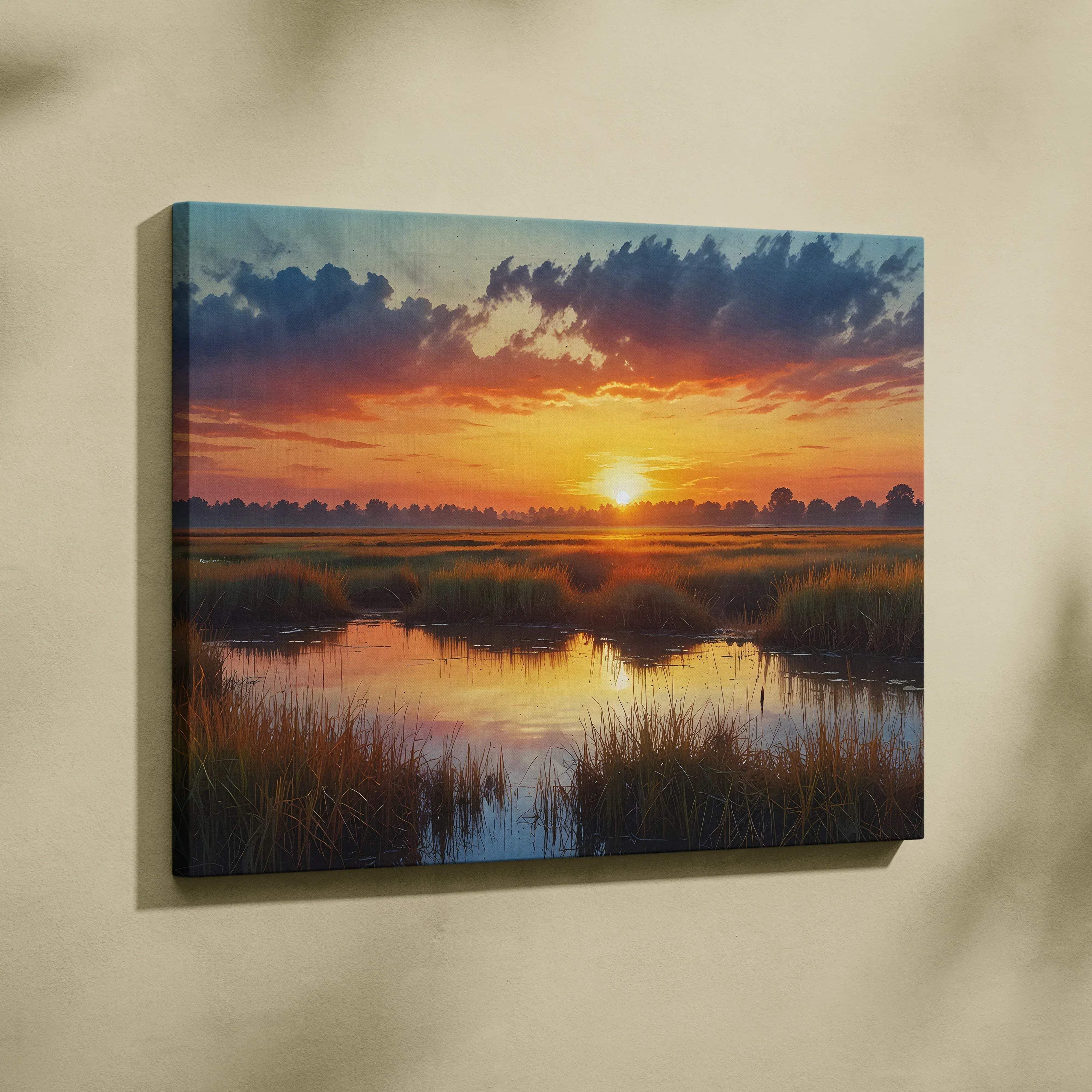 Sunset landscape marshland canvas wall art showing a golden sun over marshy fields with orange and purple clouds
