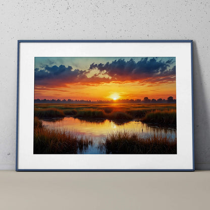Framed watercolor sunset poster with vibrant orange, yellow, and blue sky reflecting over marshland wall art.