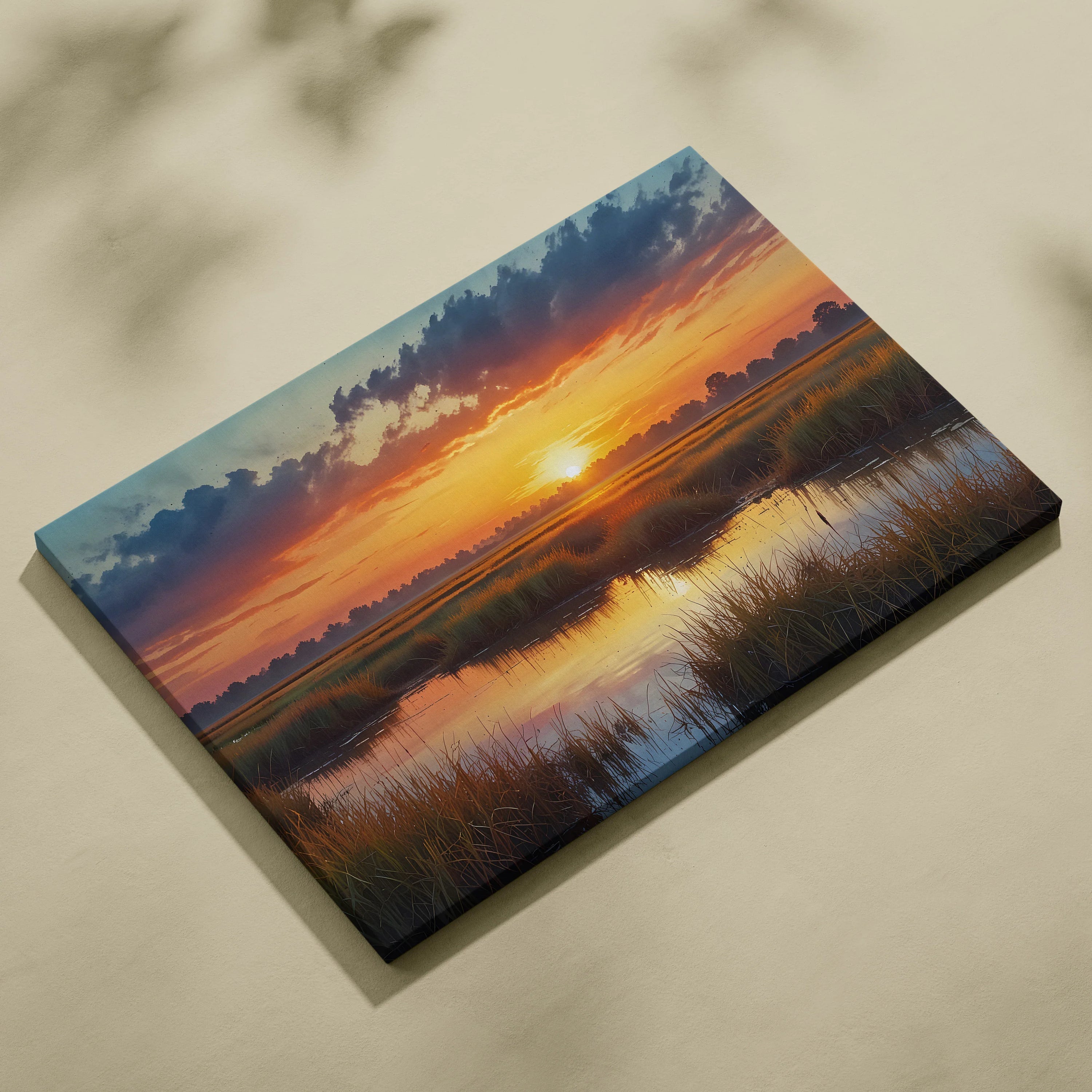 Sunset watercolor canvas wall art with vibrant orange sky and reflective water marsh scene.