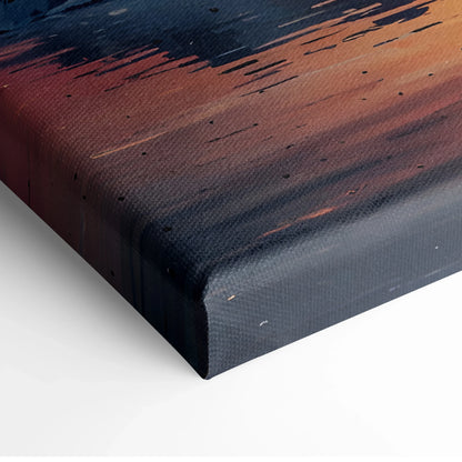 Sunset mountain landscape watercolor canvas wall art with warm orange and dark blue tones.