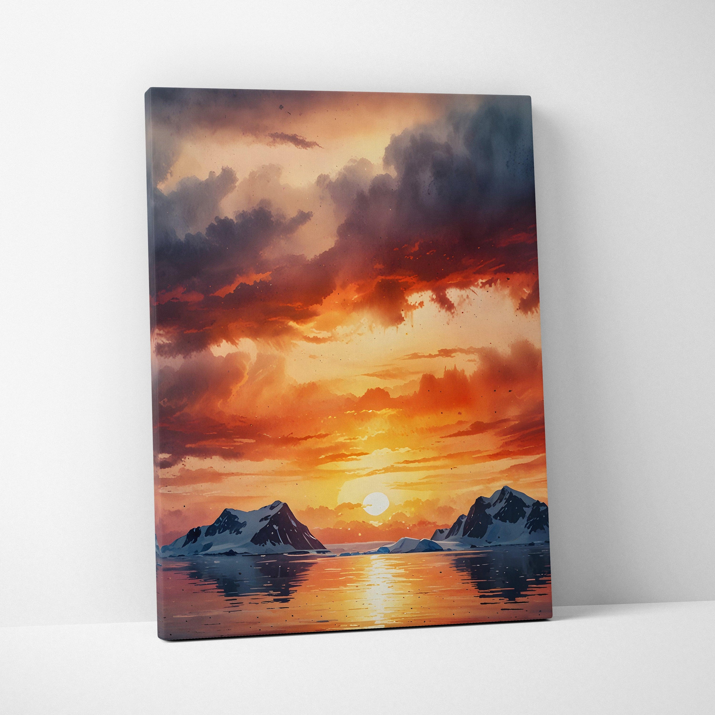 Sunset over mountains with bright orange and dark clouds watercolor canvas wall art.