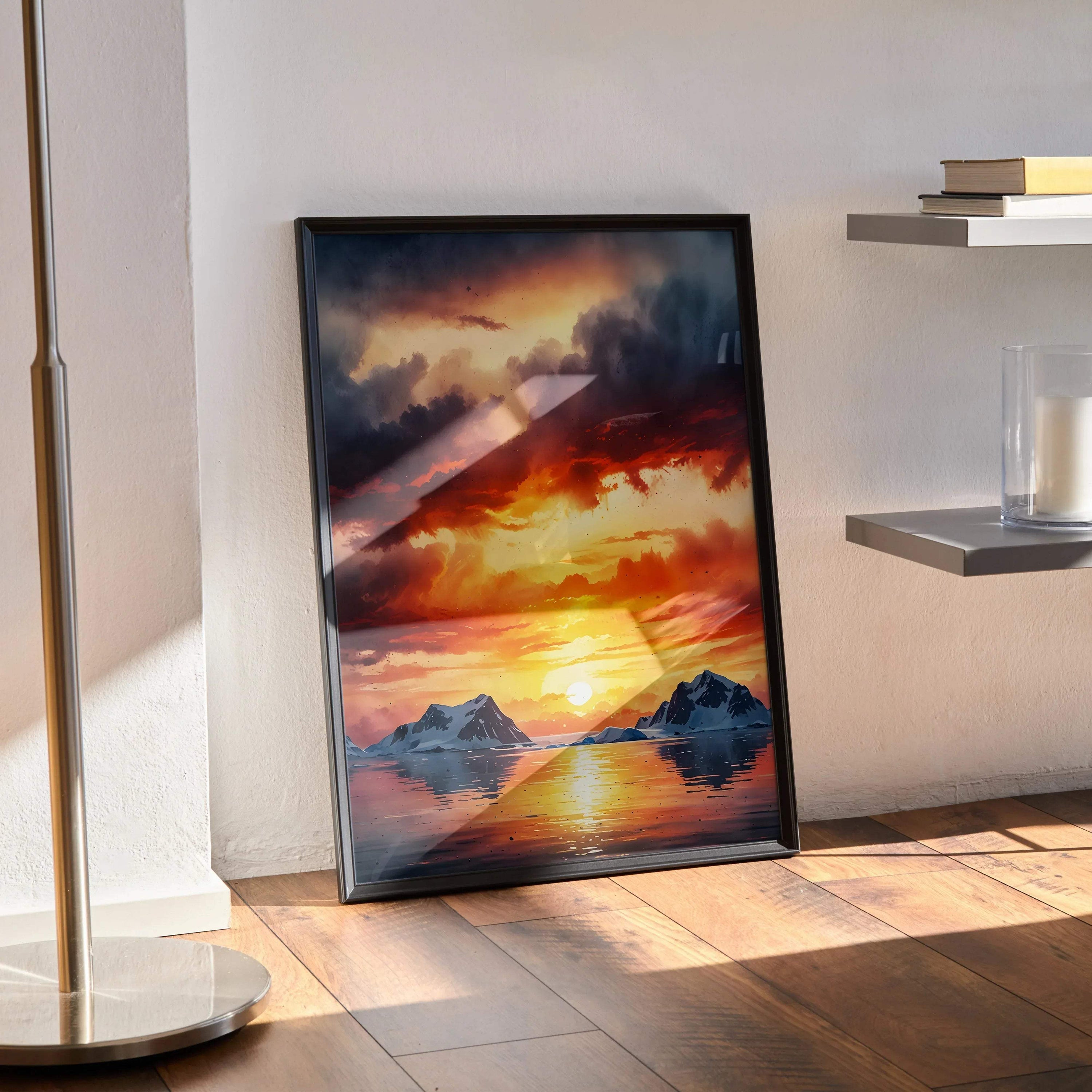 Vibrant watercolor sunset nature poster with orange and yellow sky over mountains wall art.