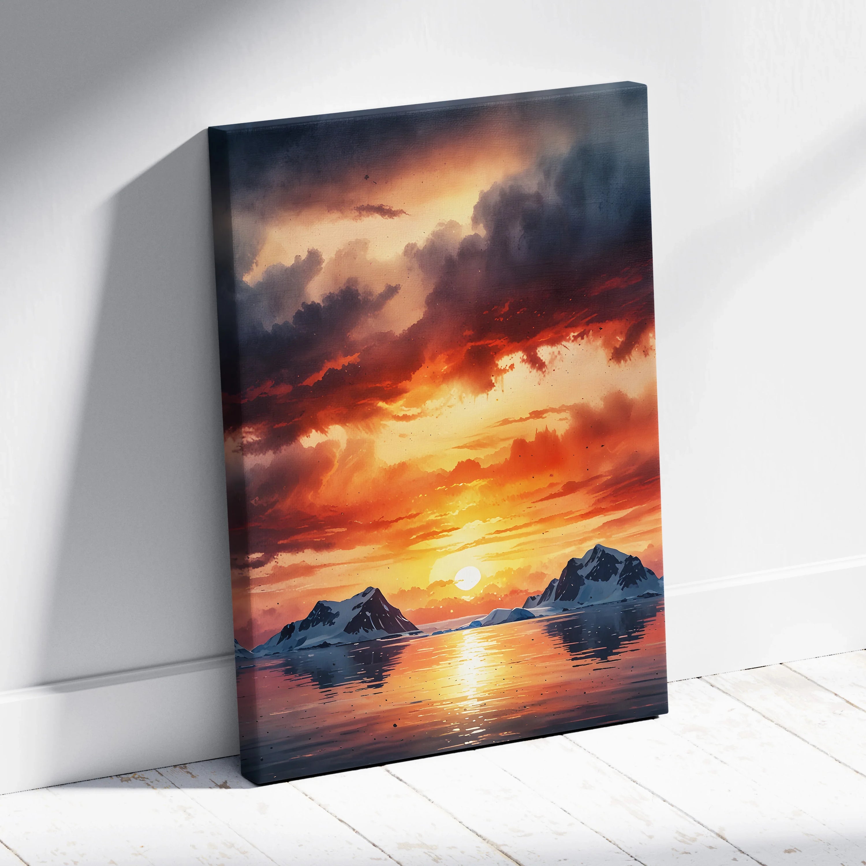 Sunset over mountains with vibrant orange and purple hues reflected on water canvas wall art.