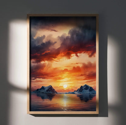 Vibrant watercolor style sunset poster with mountains and reflective water wall art in warm tones.