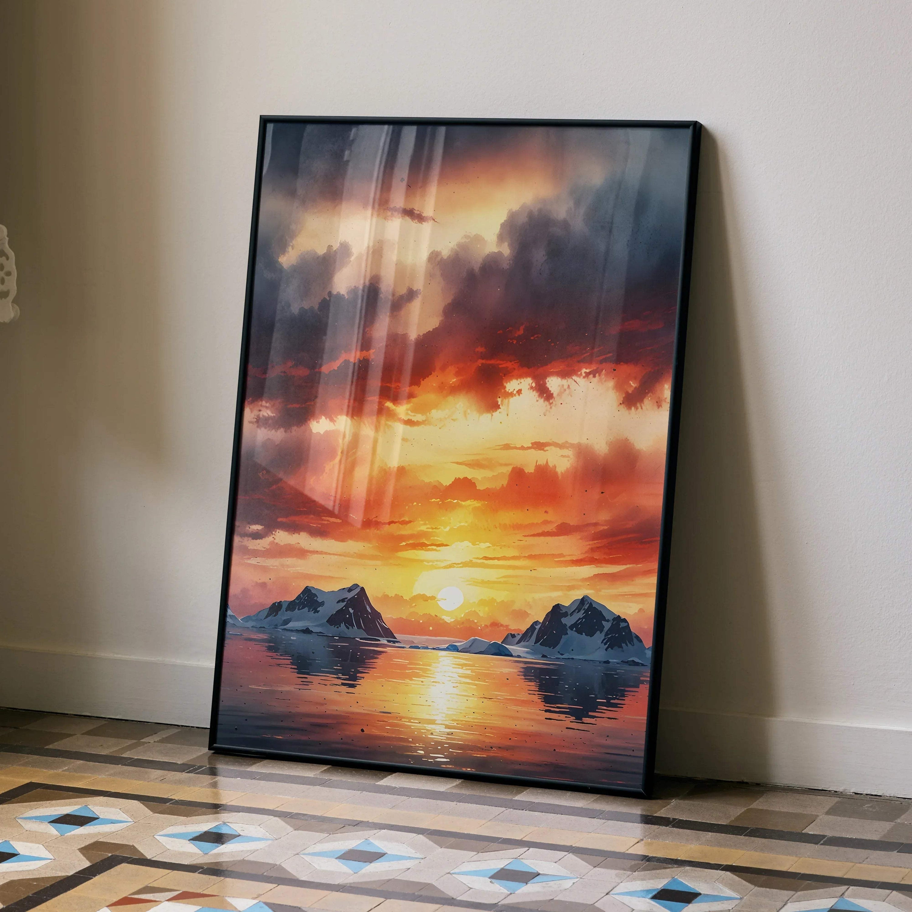 Vertical watercolor style sunset poster with vibrant orange sky and reflective water wall art.