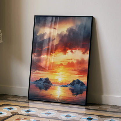 Vertical watercolor style sunset poster with vibrant orange sky and reflective water wall art.