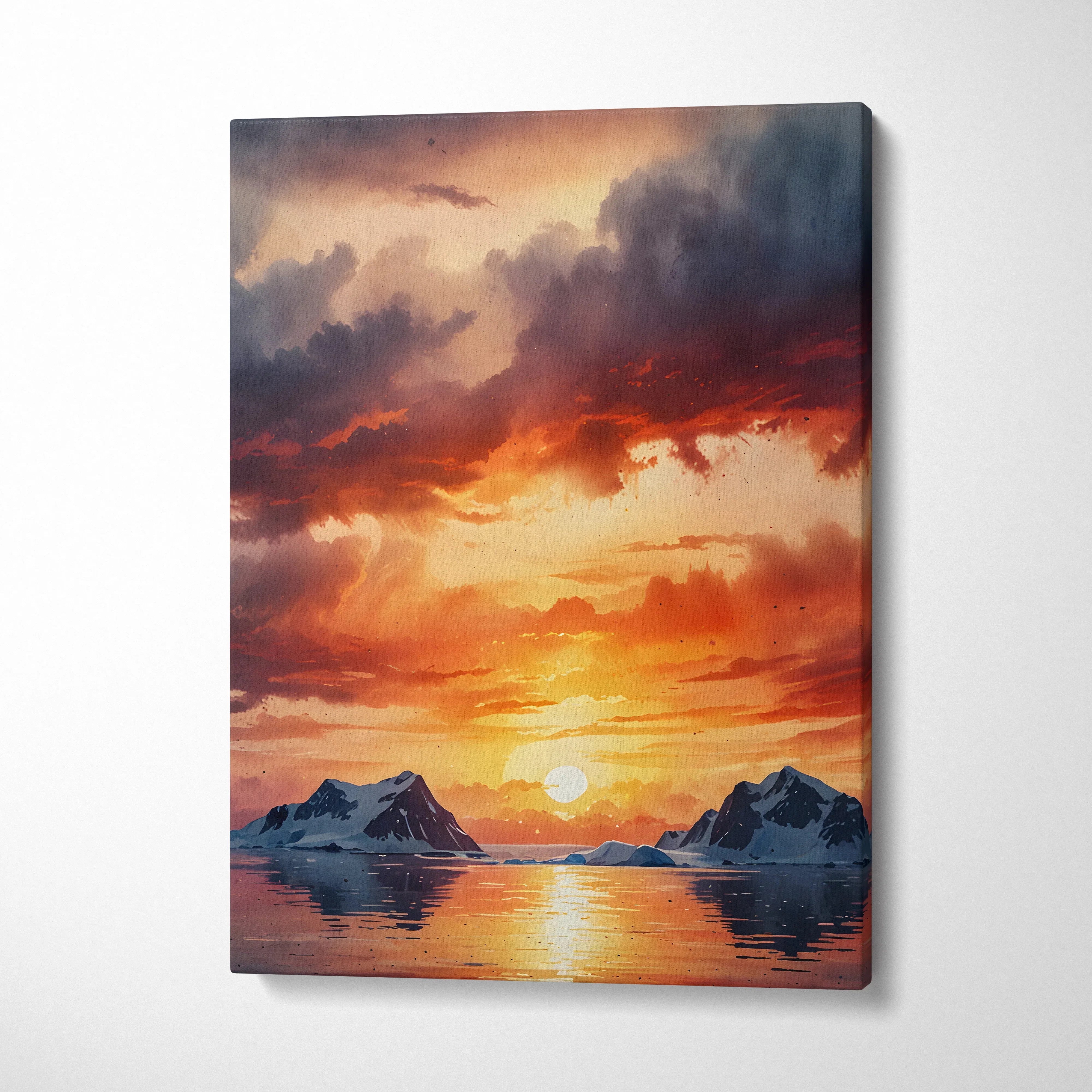 Sunset over snowy mountains with orange and purple watercolor sky on vertical canvas wall art.