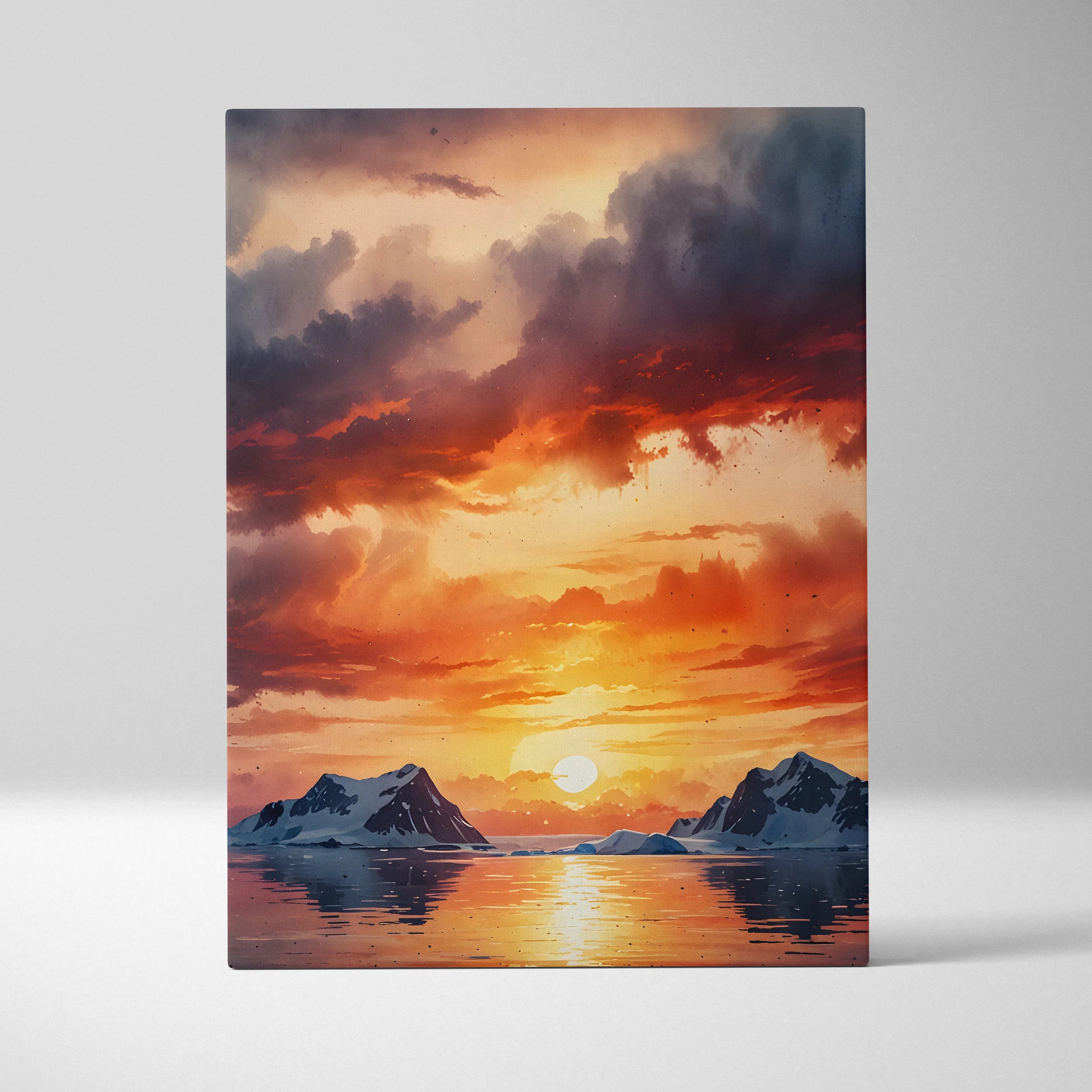 Vertical canvas wall art depicting a vibrant watercolor sunset over snowy mountain peaks and reflective water.