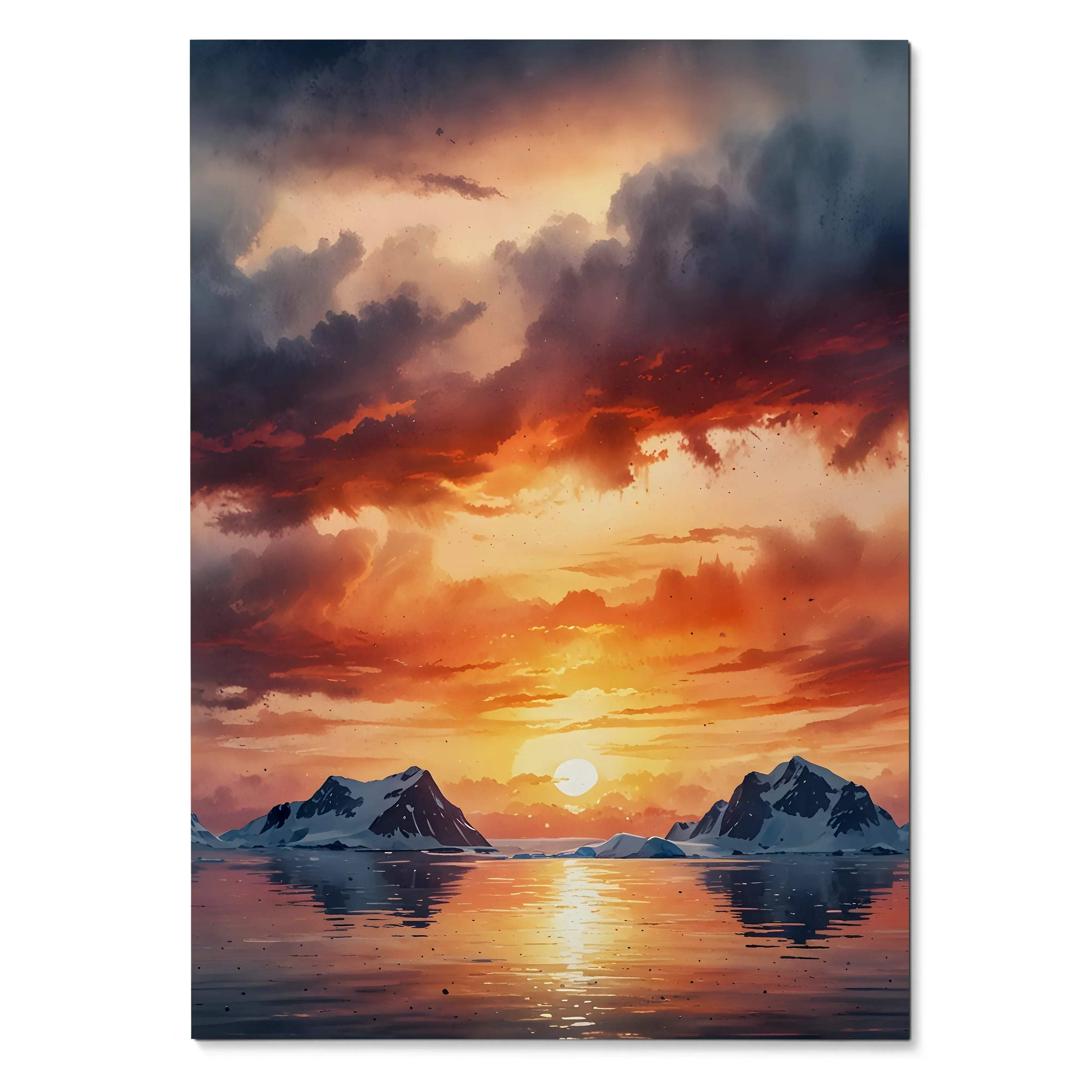 Vertical watercolor sunset poster with vibrant orange sky, dark clouds, and mountain silhouettes wall art.
